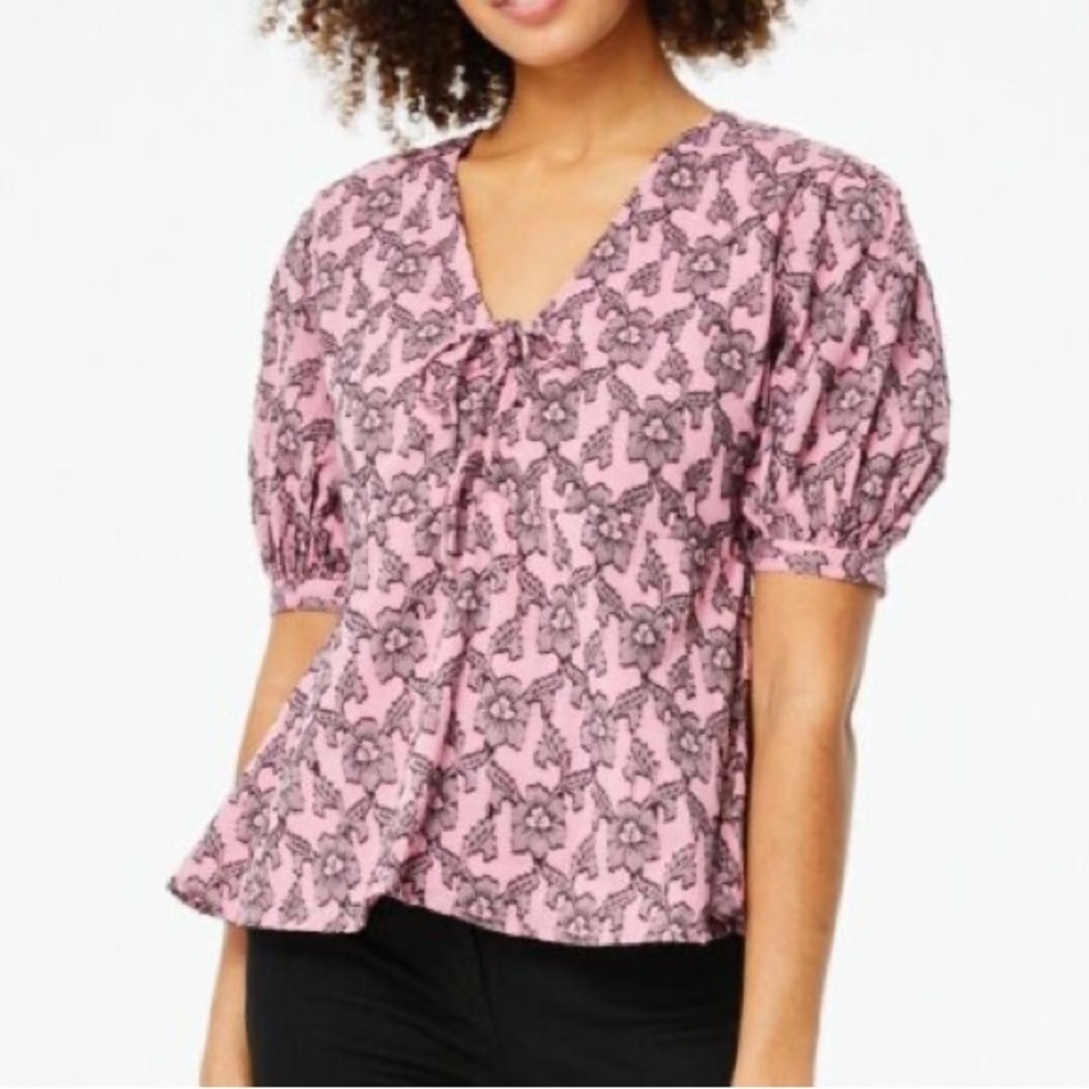 Roller Rabbit Pau Rosalie Top Pink Black Floral Short Sleeve XXS